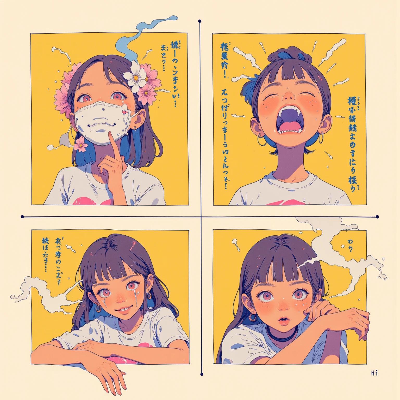 Four-panel anime comic illustration of a girl showing different facial expressions